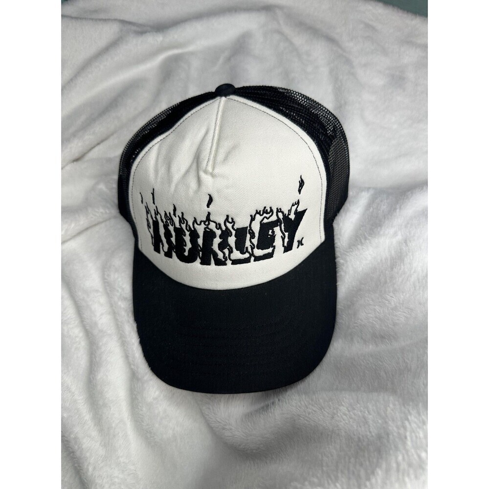 Hurley Hat Cap Snap Back Trucker Mens One Size Black White Flame Logo Mesh - Picture 1 of 2